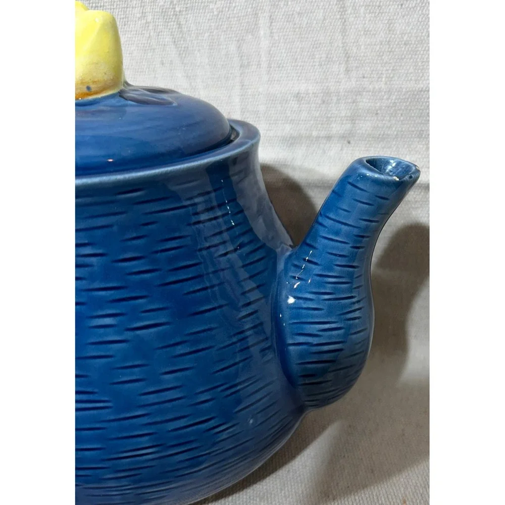 Vintage Cobalt Blue Ceramic Teapot Fruit Relief Apple Pear Made in Japan 7x8